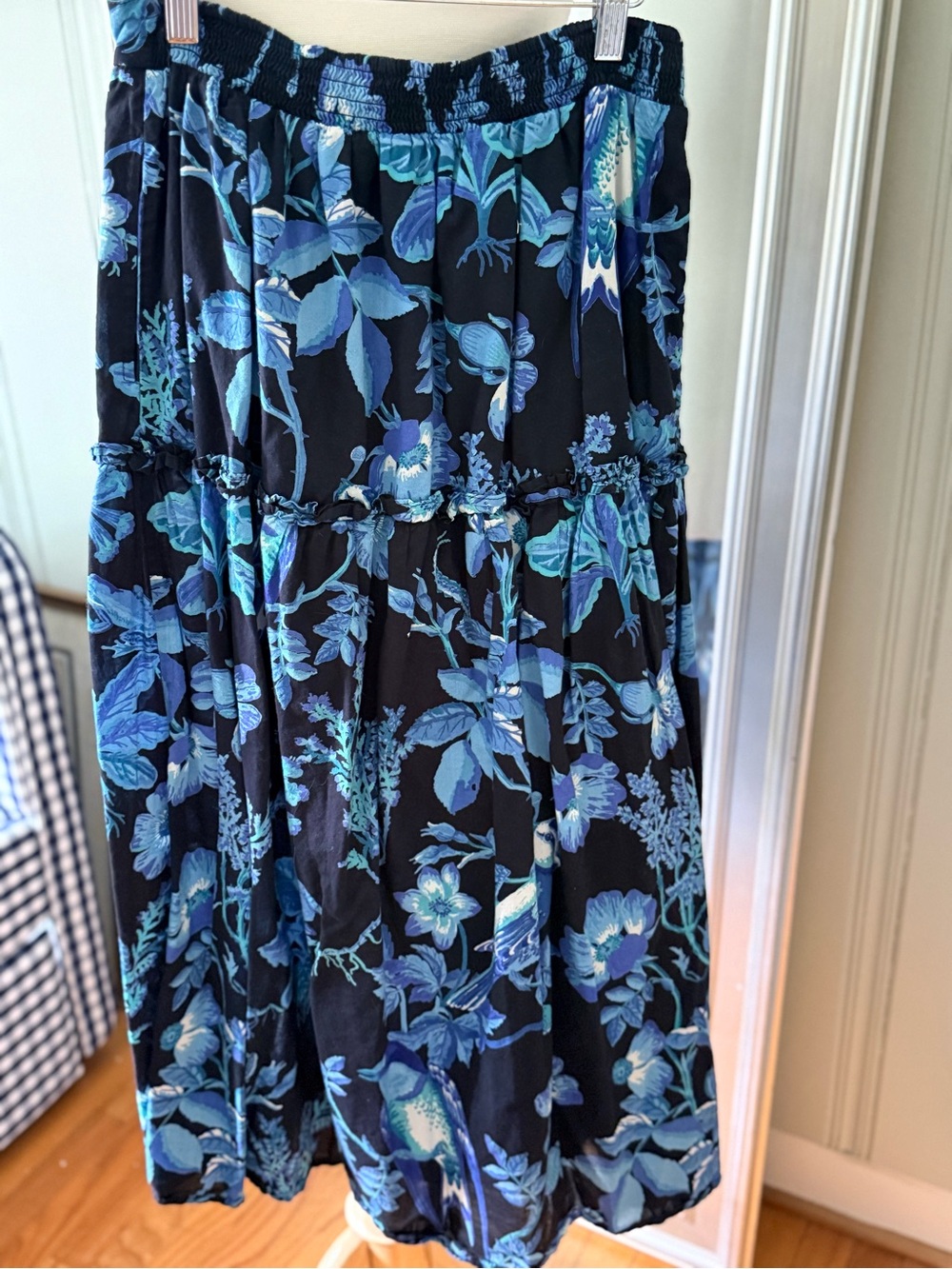 Banjanan Black Maxi Cotton Skirt with Blue Floral Print